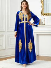 Dubai Autumn Winter Party Velvet Dress Arab Muslim Woman Oriental Gown Shiny Blue Beading Appliques Belted Abaya Blue Dress
